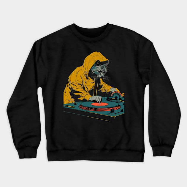 Cat DJ Drive Crewneck Sweatshirt by BilodeauBlue